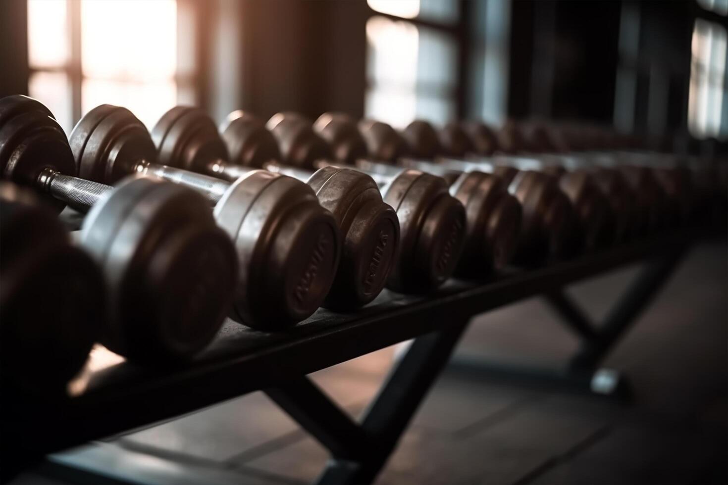 Lignes de haltères dans le Gym proche en haut de moderne haltères équipement dans le sport salle de sport, Gym équipement concept. génératif ai photo