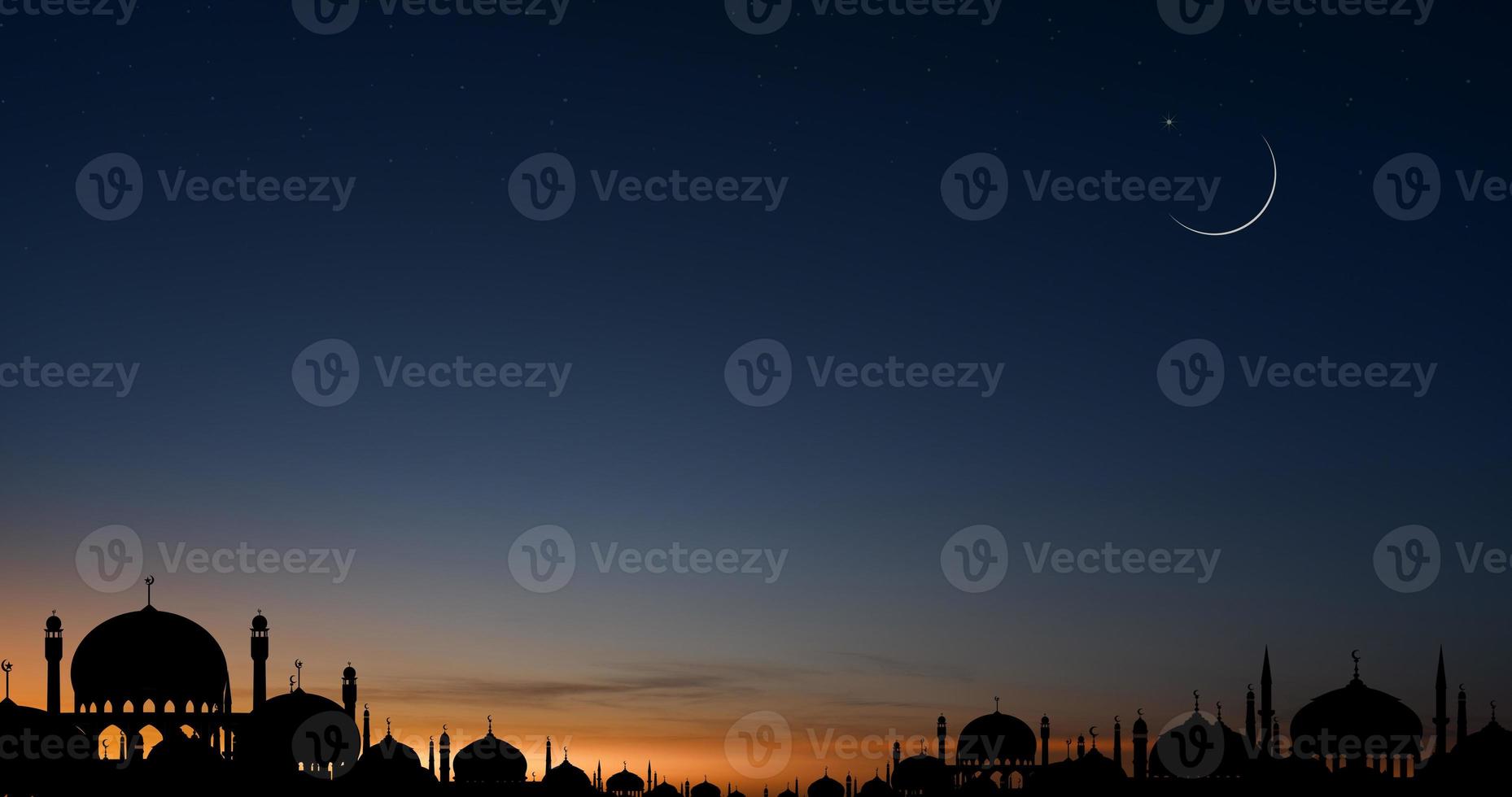islamique carte avec mosquées dôme, croissant lune sur bleu ciel arrière-plan, horizon bannière Ramadan nuit avec crépuscule crépuscule ciel pour islamique religion, aïd al-adha, aïd moubarak, aïd Al Fitr, ramadan kareem photo