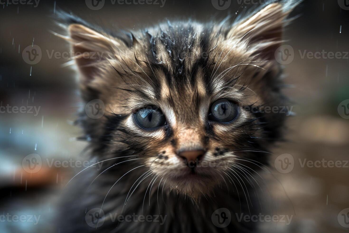 portrait de une mignonne triste humide sans abri chaton. généré ai. photo