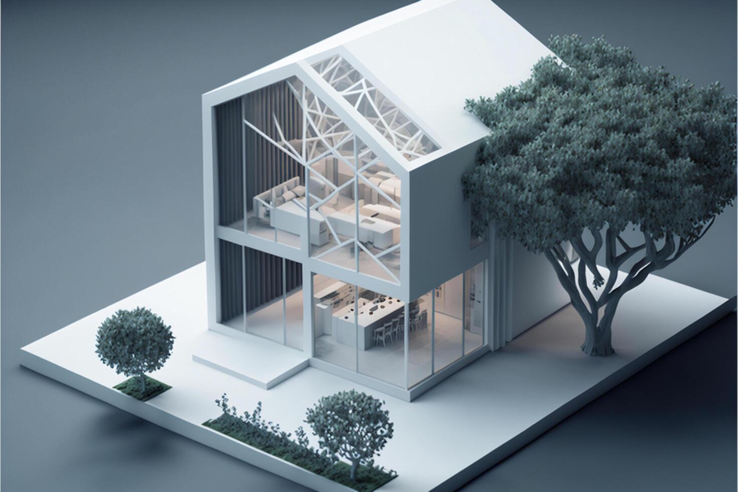 modèle de une maison avec une arbre dans de face de il. génératif ai. photo