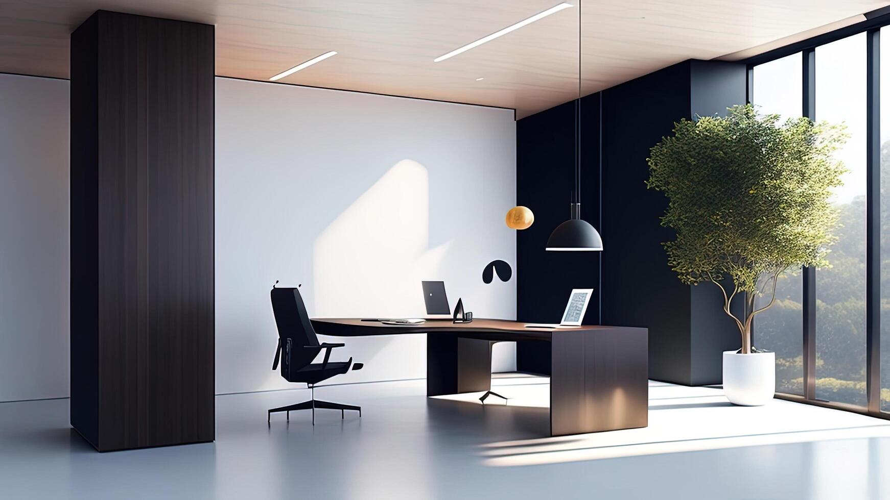 intérieur de moderne Bureau avec noir et blanc des murs, béton sol, panoramique fenêtre et longue en bois table avec ordinateur. ai généré photo