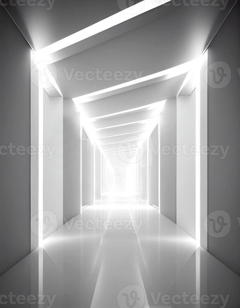 illuminé blanc couloir, établi avec génératif ai photo