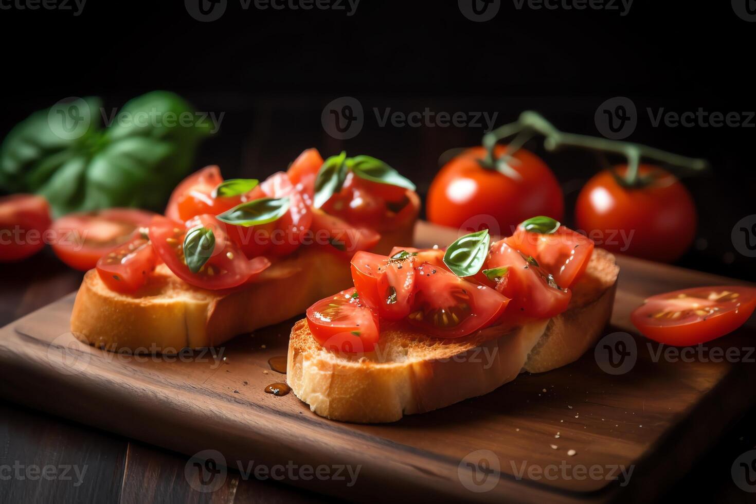 délicieux tomate Bruschetta tranches sur planche. ai généré photo