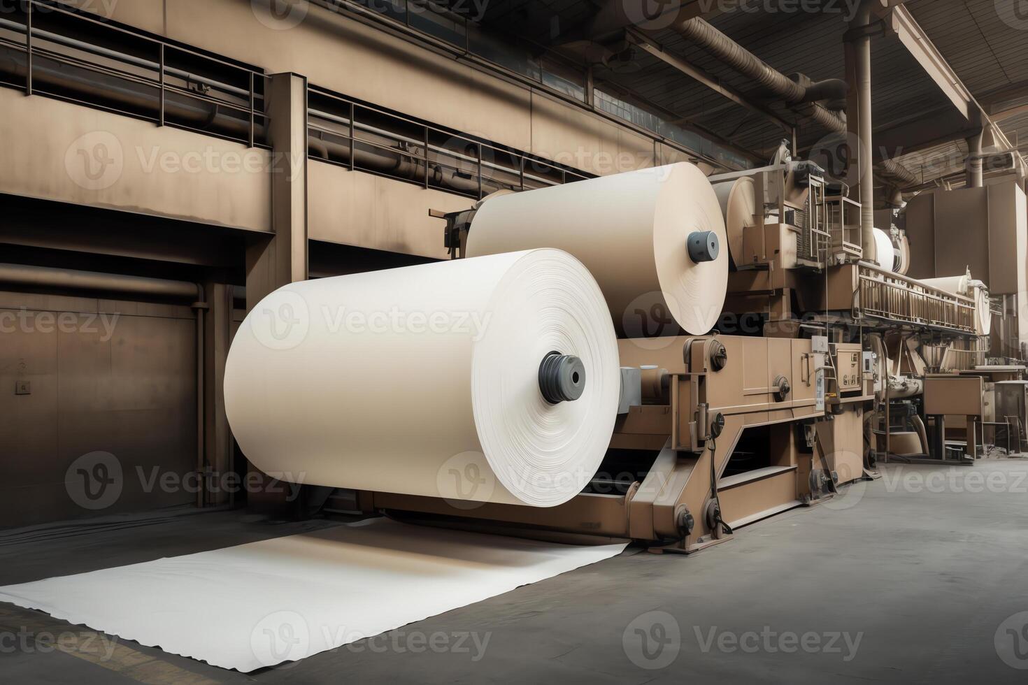 industriel papier moulin avec pulpe et papier Rouleaux. ai généré photo