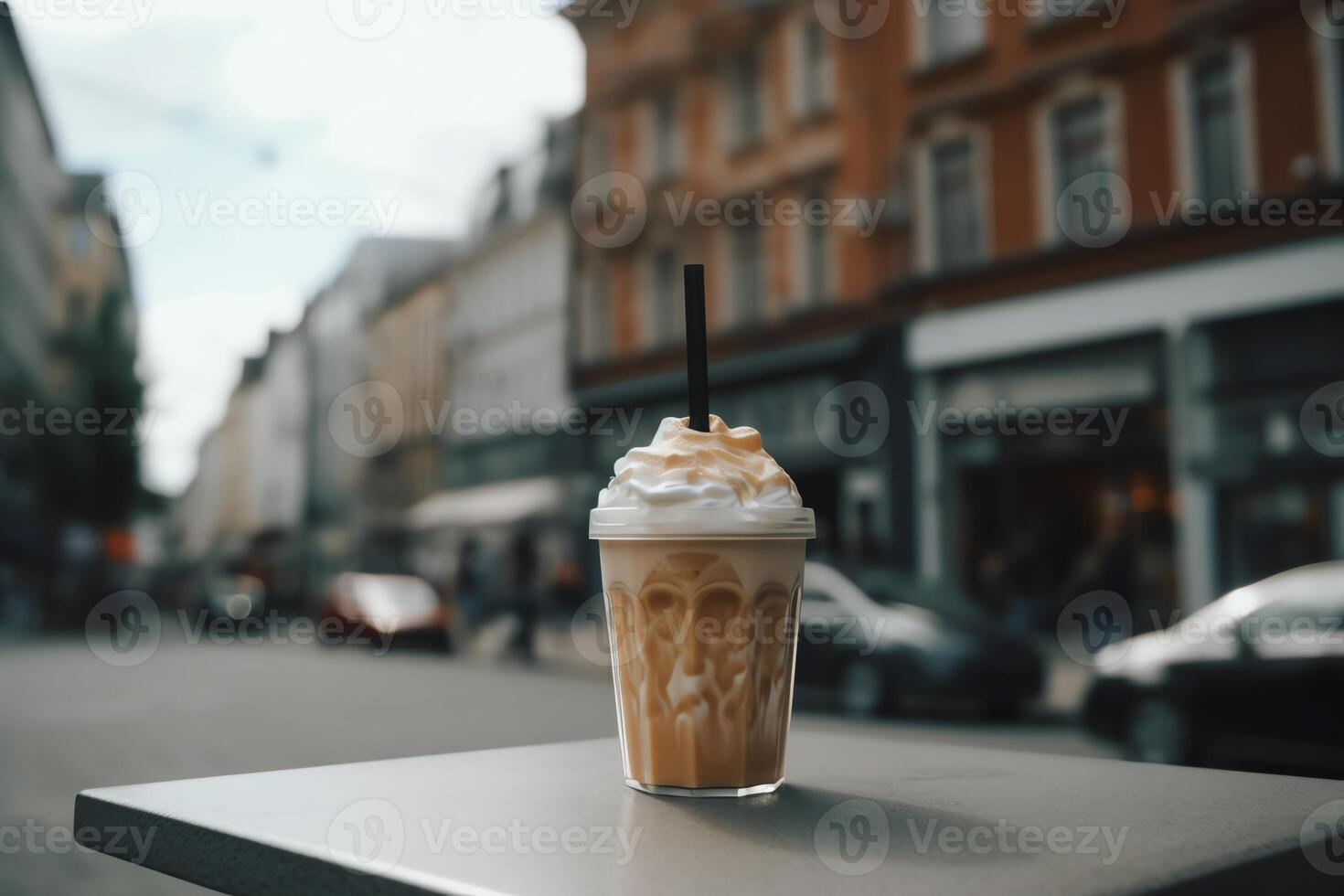sucré glacé caramel latté dans ville centre. ai généré photo