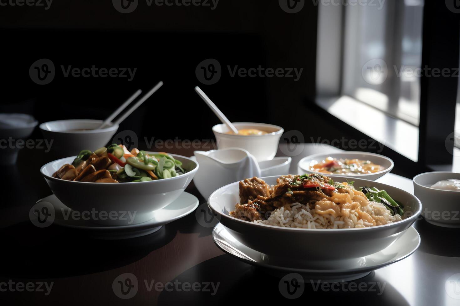 chinois nourriture sur blanc bol ensemble. ai généré photo