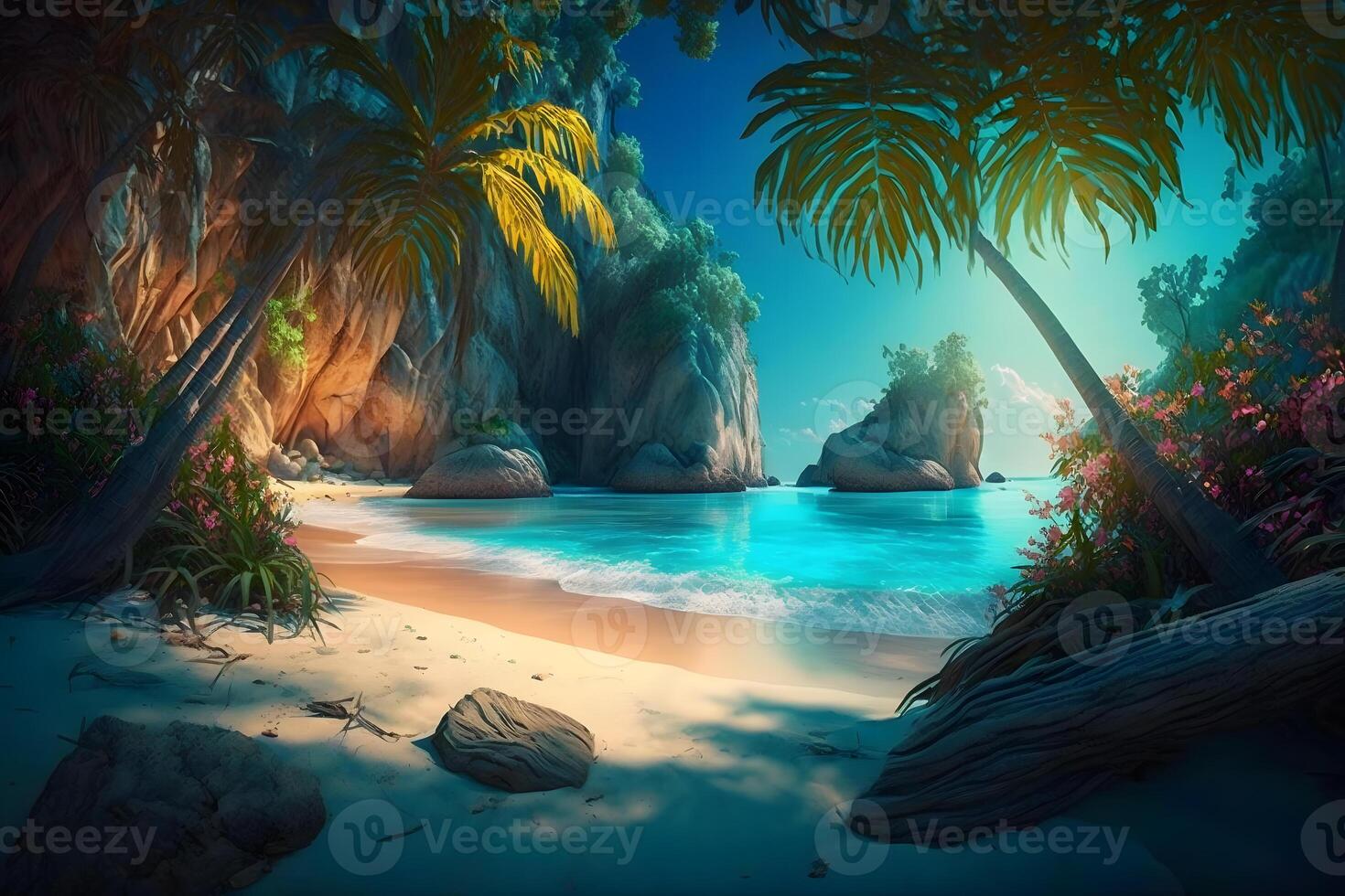 panorama de tropical plage avec noix de coco paume des arbres. neural réseau ai généré photo