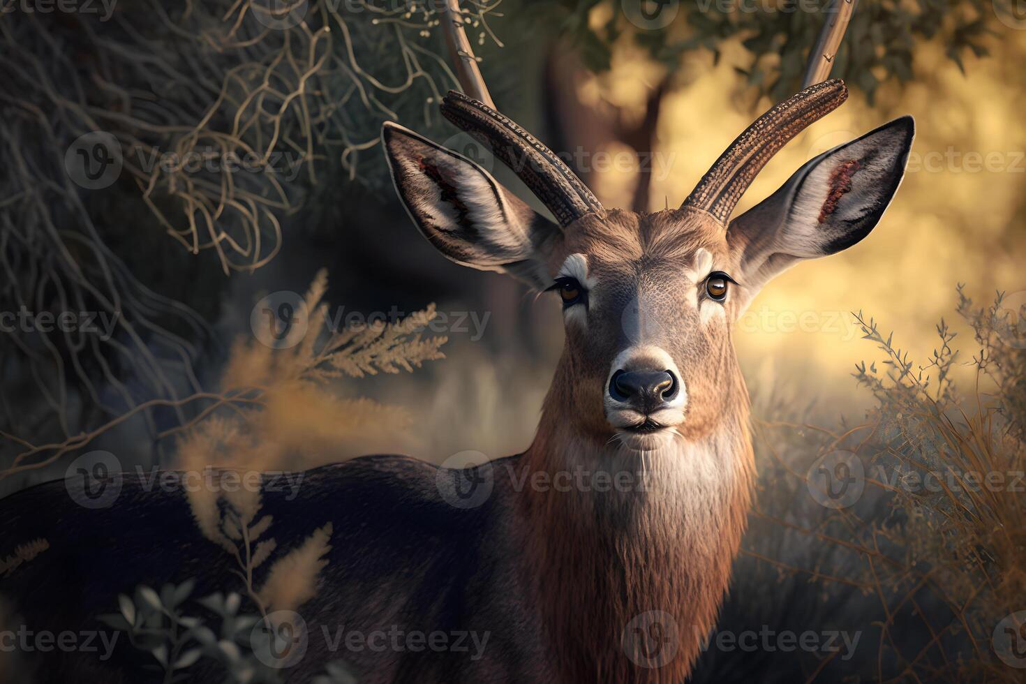 rouge cerf cerf entre fougères dans l'automne forêt. neural réseau ai généré photo