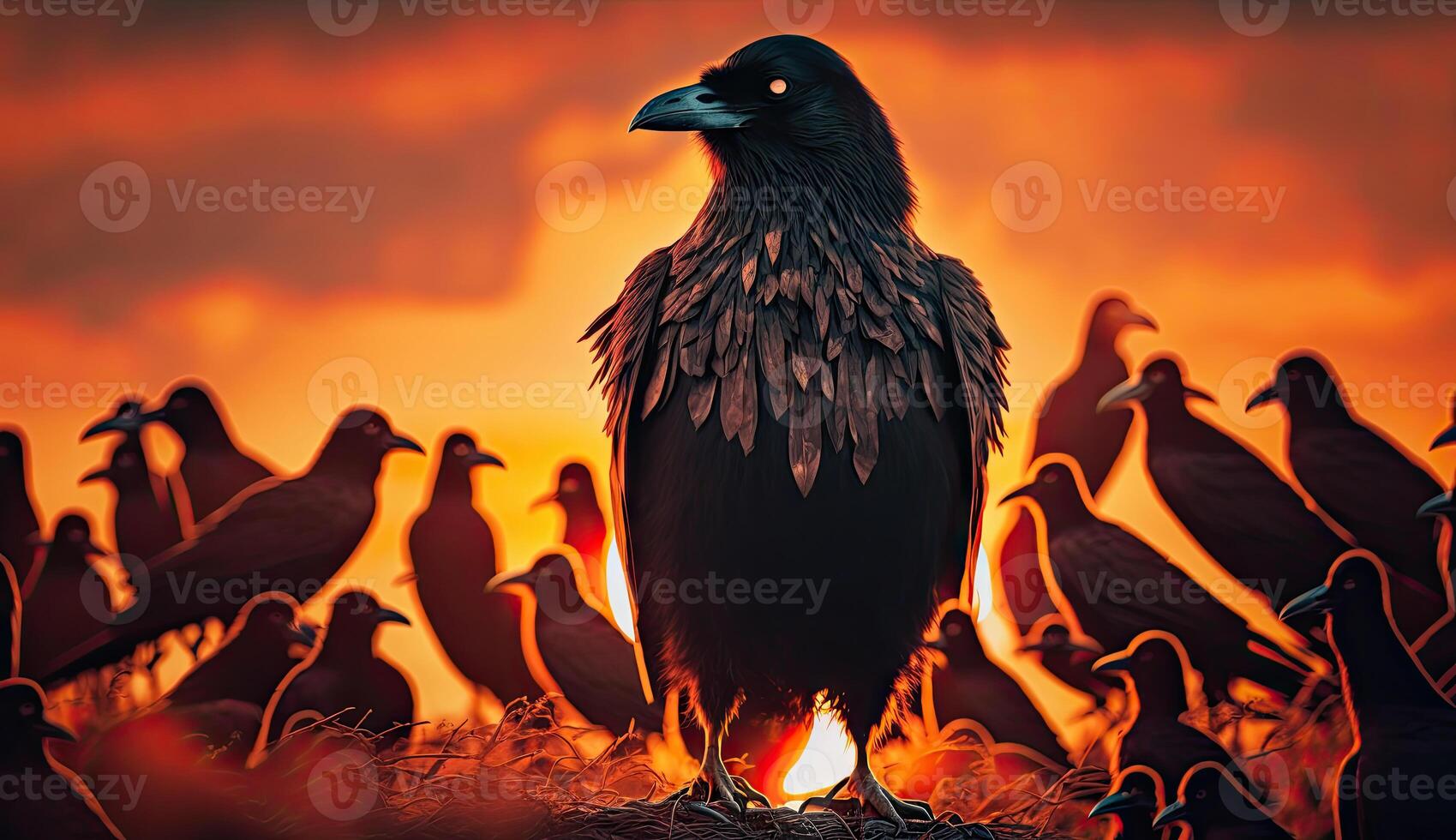 le Roi de Royal noir corbeau permanent en dehors entre autre corbeaux, noir des oiseaux, la nature animaux faune arrière-plan, avec génératif ai. photo