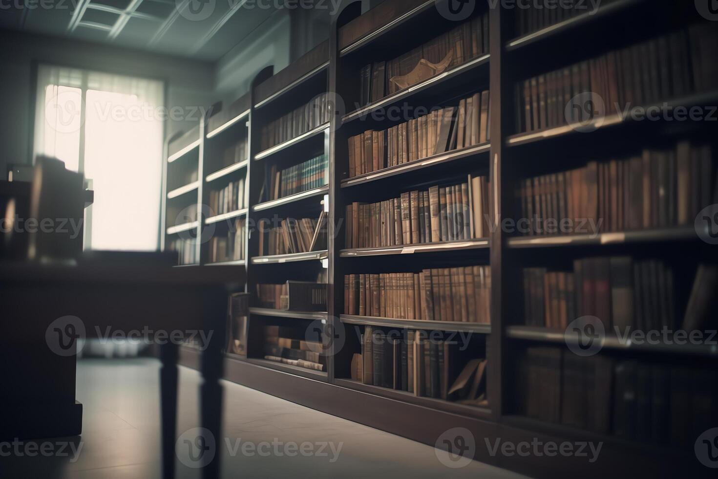 flou ancien étagères dans Publique bibliothèque intérieur. ai généré photo