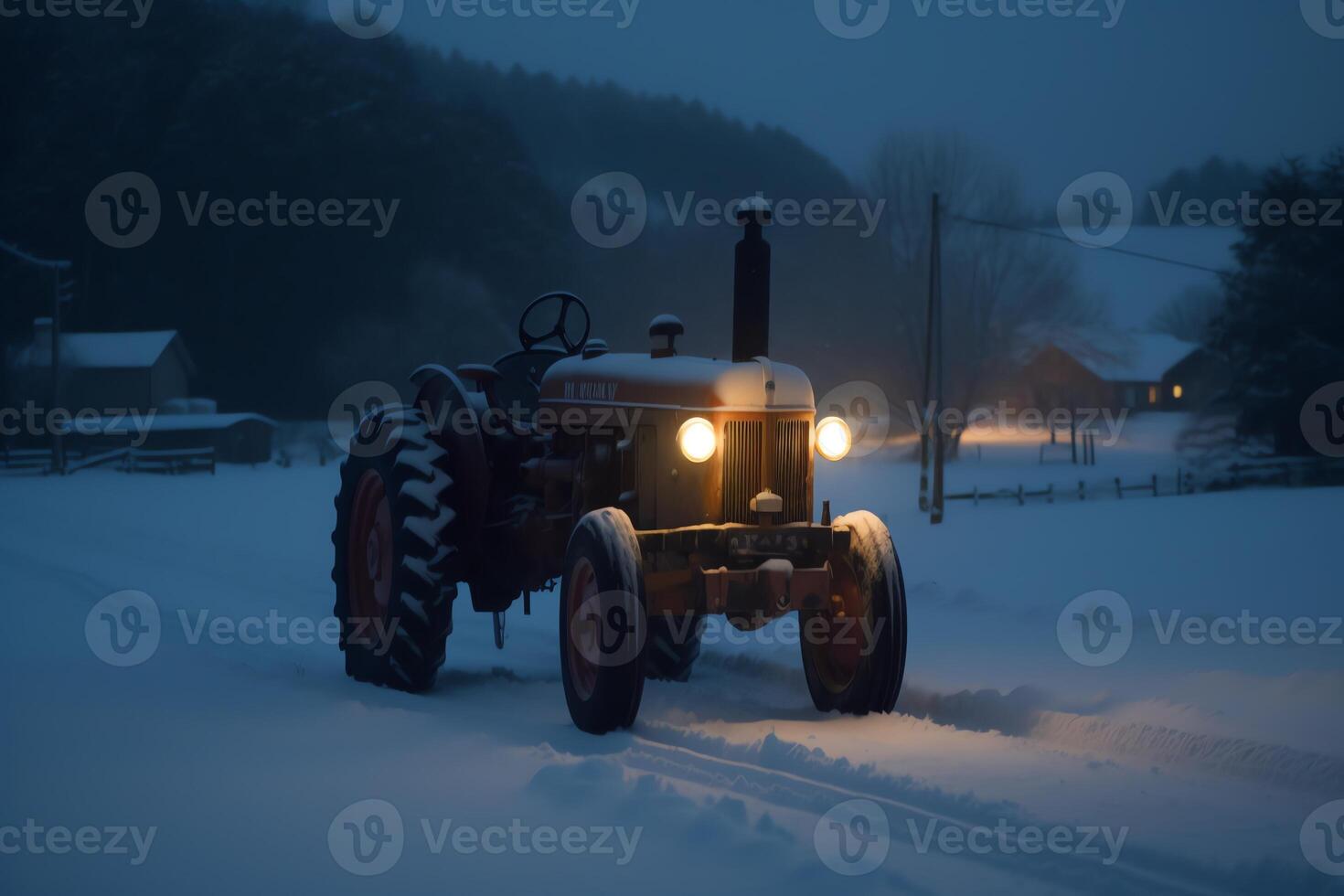 tracteur dans le neige. Noël veille. ai généré photo