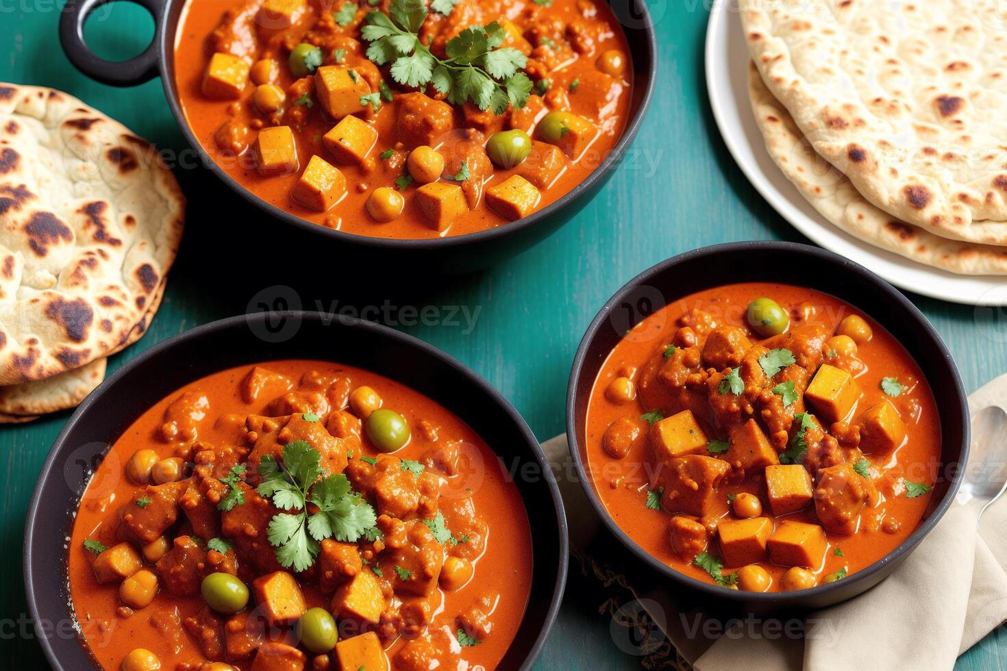 Indien cuisine. assorti Indien nourriture comprenant pois chiches, curry, Masala et Naan. génératif ai photo