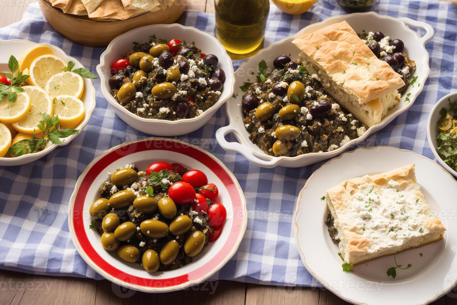 grec cuisine. traditionnel grec apéritif avec Hoummous, Olives, tomates et olive huile. génératif ai photo