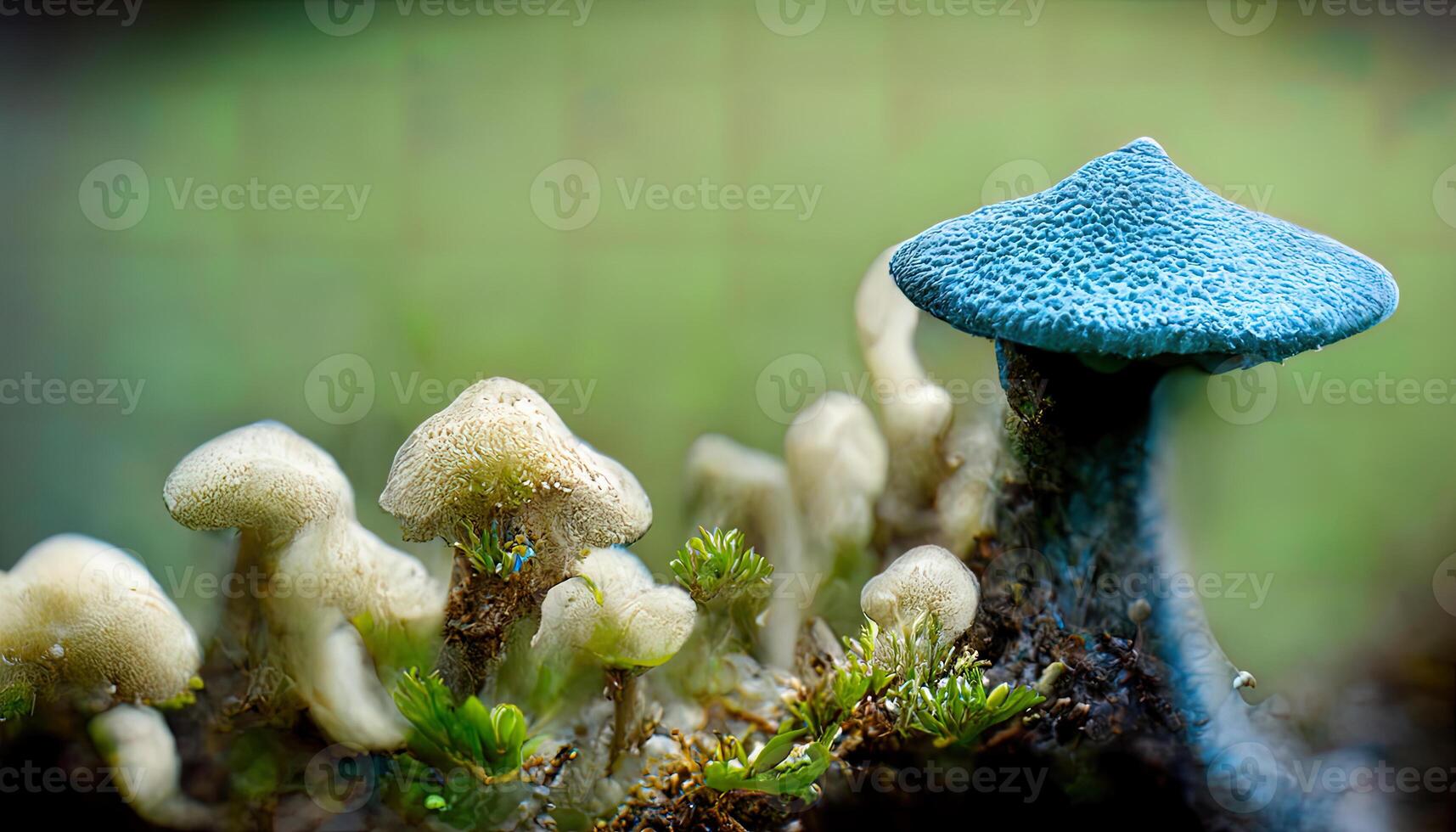 bleu chapeau de huître champignons croissance sur vert mousse proche en haut. génératif ai photo