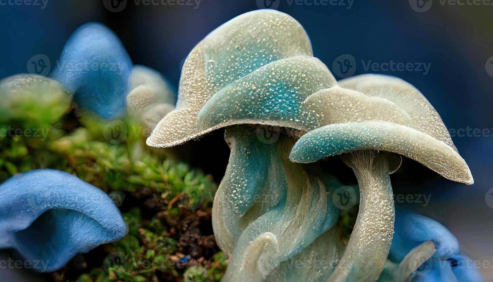 impressionnant bleu chapeau de huître champignons croissance sur vert mousse proche en haut. génératif ai photo