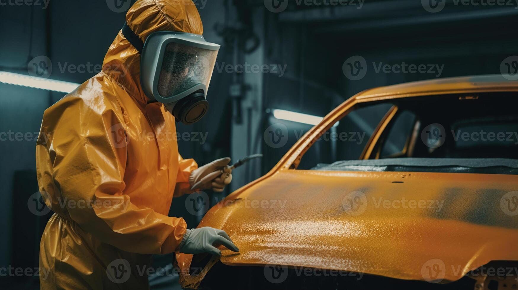 voiture peintre dans protecteur vêtements et masque La peinture voiture, généré ai image photo