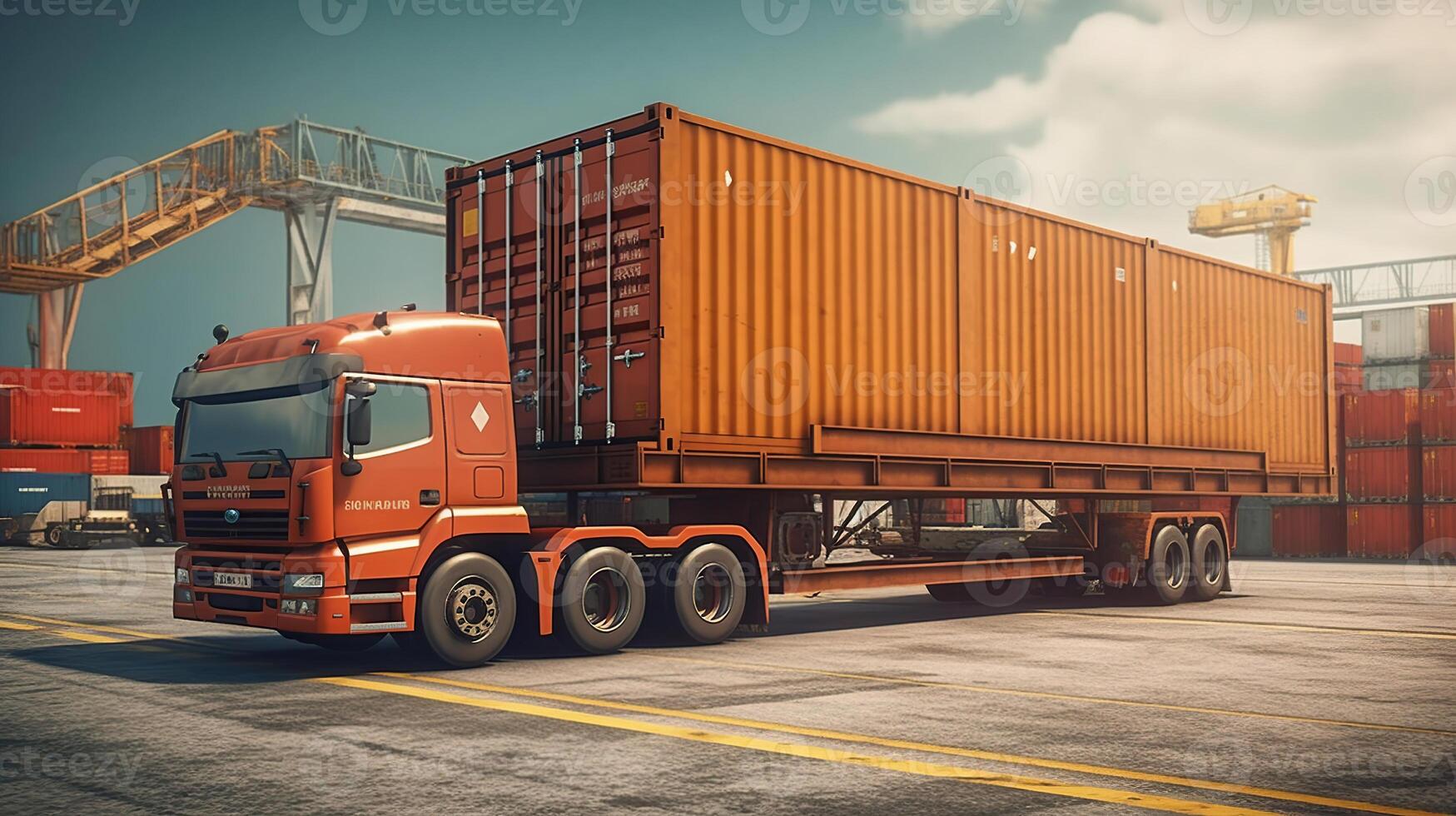 récipient un camion dans navire Port , ai généré image photo