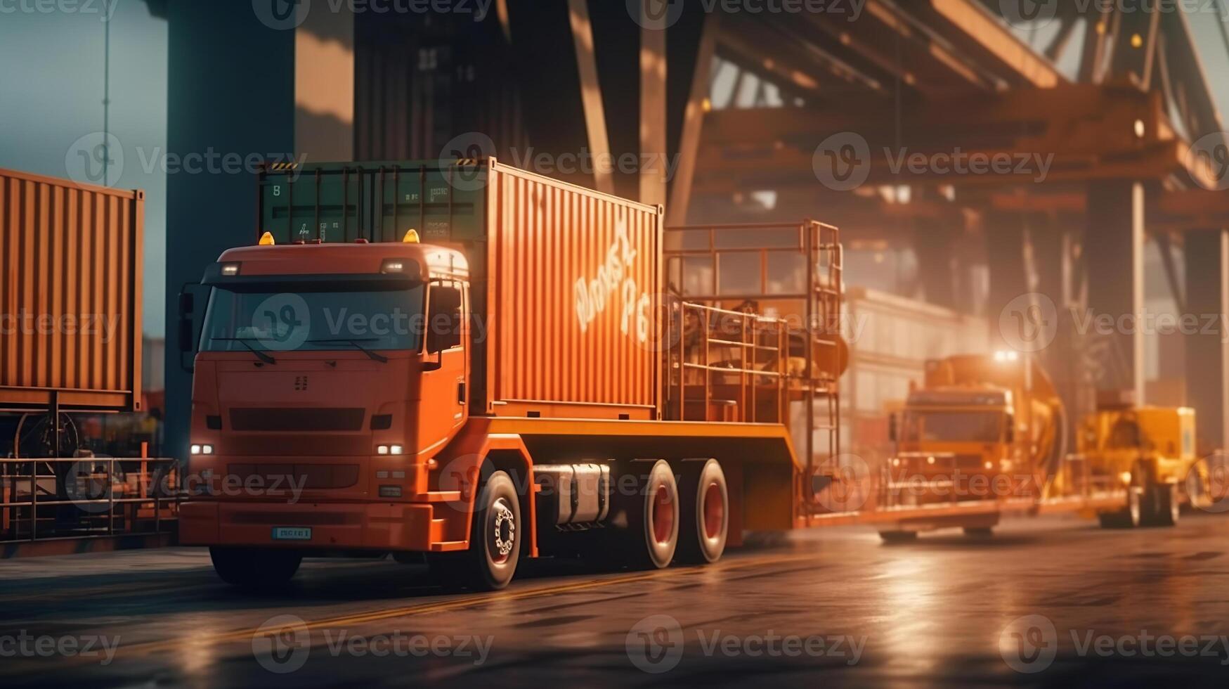 récipient un camion dans navire Port , ai généré image photo