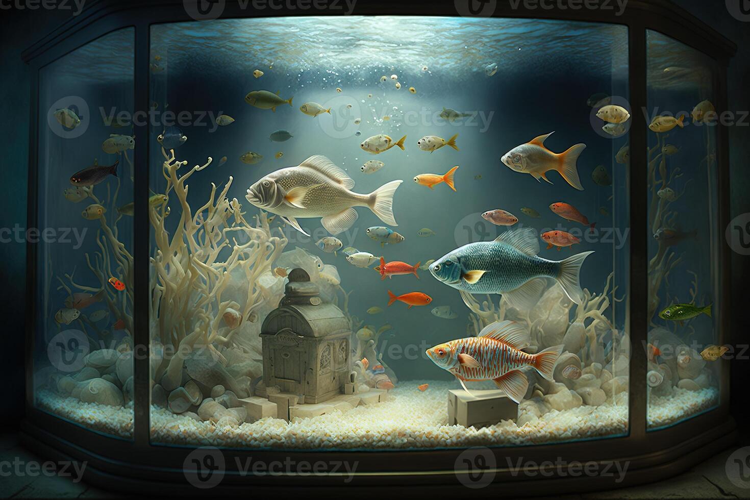exotique petit poisson dans un aquarium avec coraux et algues dans bleu l'eau sur une foncé gagné. ai généré. photo