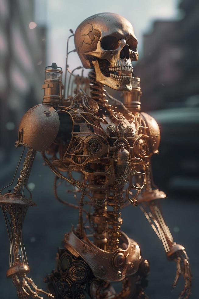 Conte de fée steampunk robotique squelette émerge de le liquide cuivre. embué cœur et poumons à l'intérieur le sien poitrine. en marchant par le steampunk ville, produire ai photo