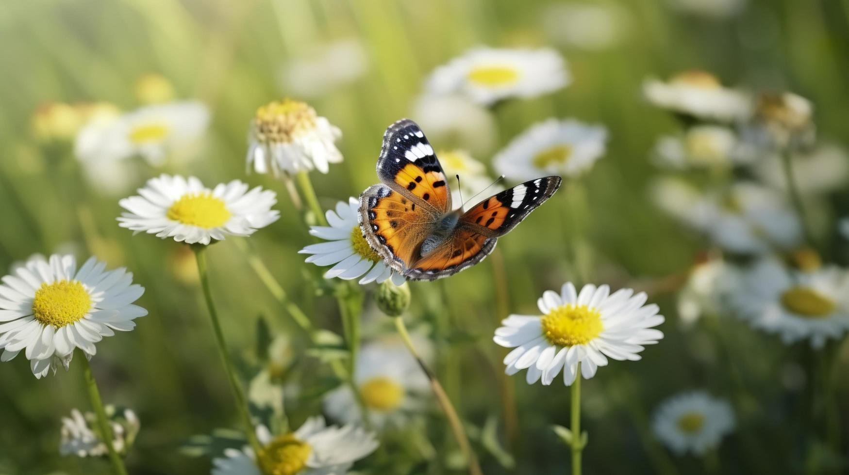 photo le Jaune Orange papillon est sur le blanc rose fleurs dans le vert herbe des champs, générer ai