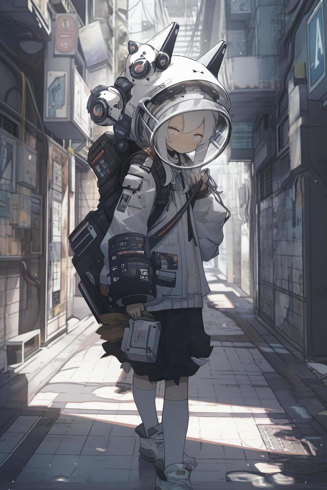 photoréalisme, une super cool spacepunk poussin, elle est en marchant sur une rue dans une espace station avec écouteurs sur, sa Vêtements est futuriste et coloré, générer ai photo