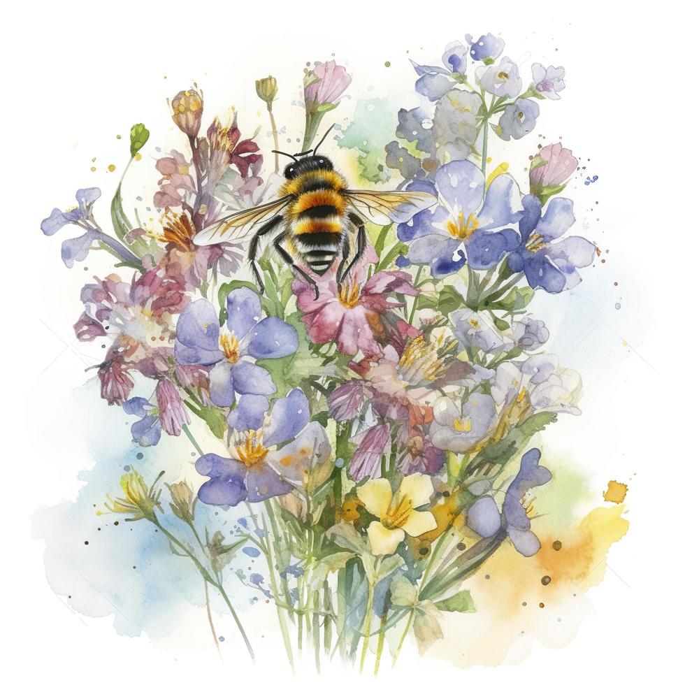 mon chéri abeille sur Haut de une bouquet de printemps fleurs sauvages, aquarelle, générer ai photo