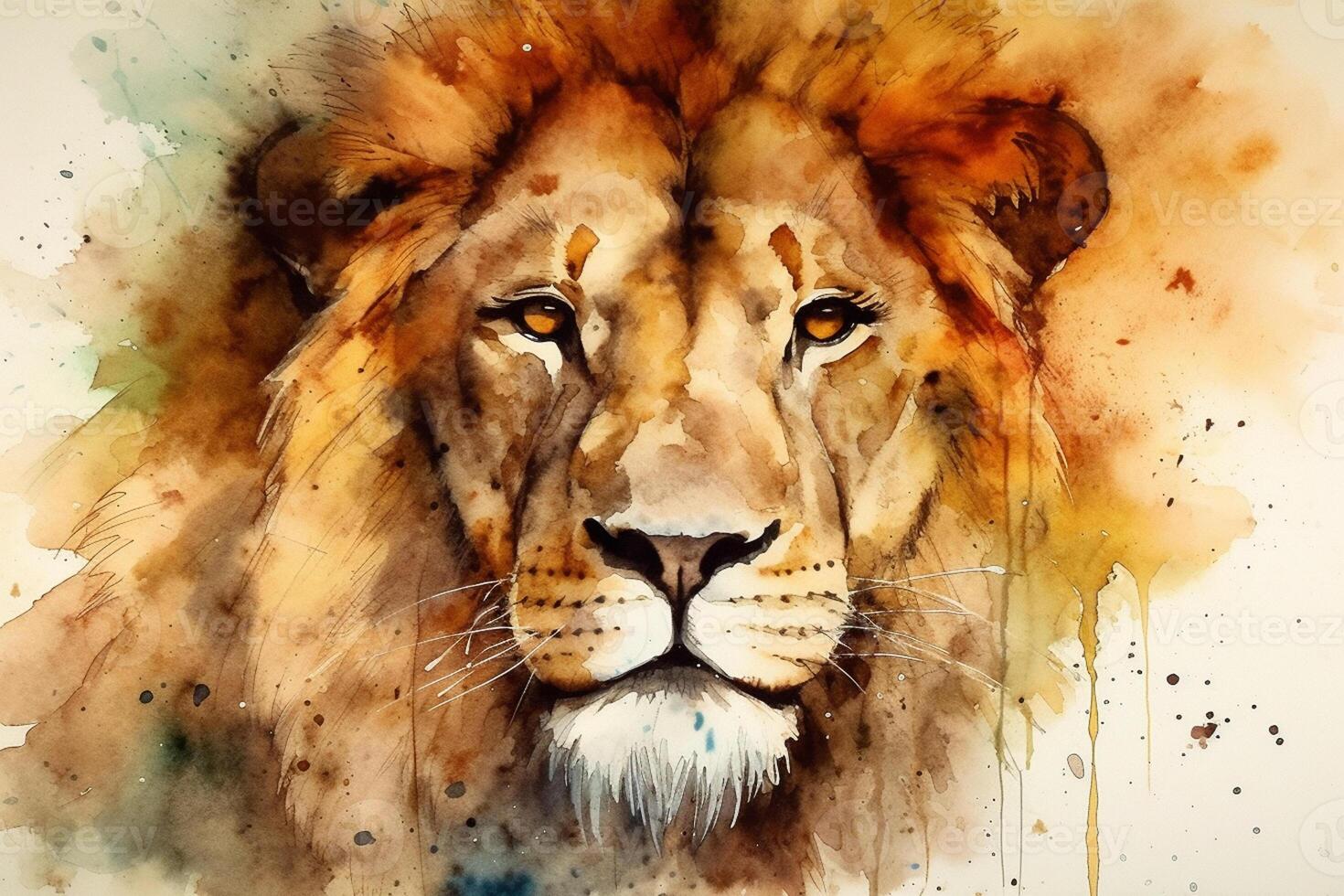 ai génératif aquarelle portrait de une Lion dans de face de une aquarelle Contexte photo