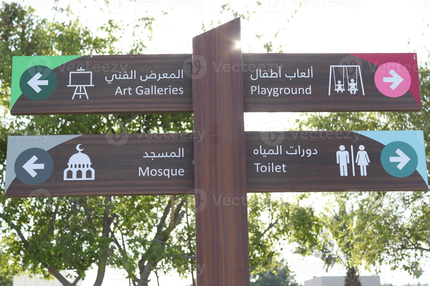 direction signe planches dans bord de mer, orientation planches, arabe et Anglais signe ,en bois signe planches pour mosquée, toilettes, aire de jeux photo