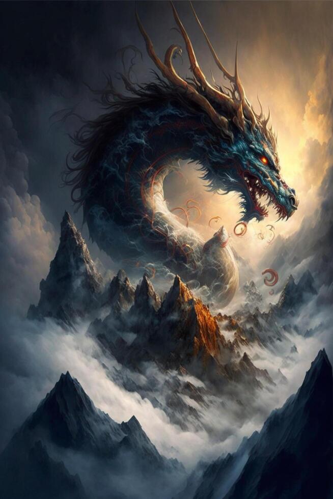 La peinture de une dragon sur Haut de une Montagne. génératif ai. photo