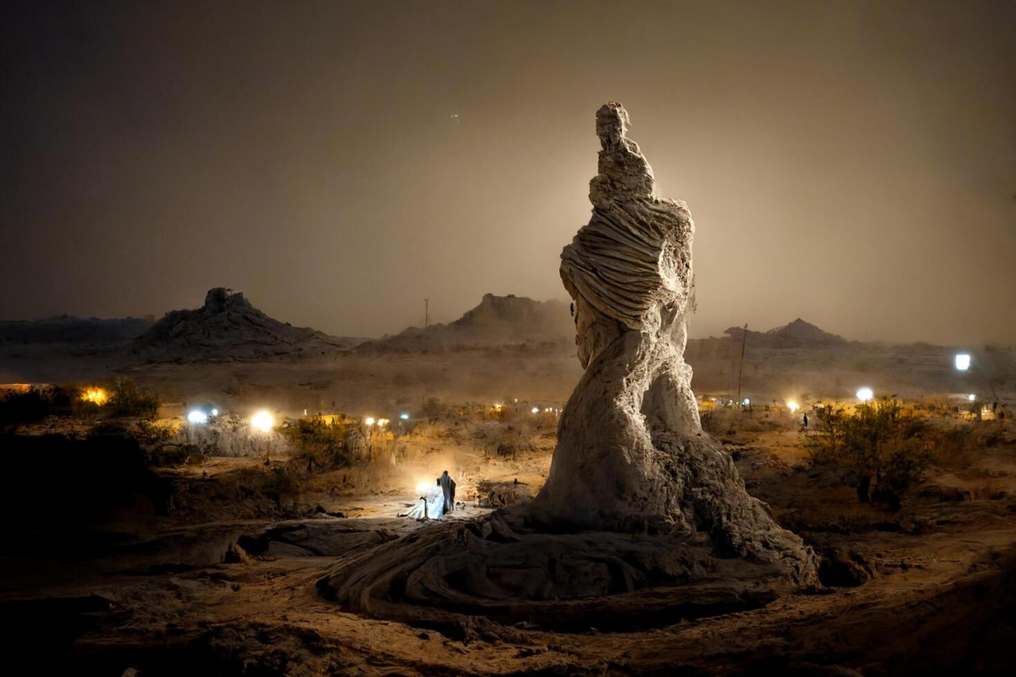 grand le sable sculpture dans le milieu de une désert. génératif ai. photo