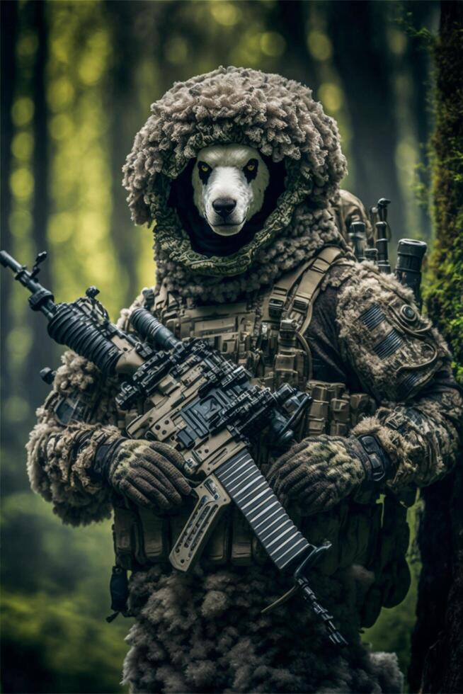 homme dans une ours costume en portant une fusil. génératif ai. photo