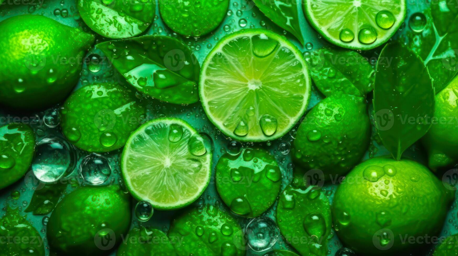 Contexte Frais vert citron vert avec gouttes l'eau génératif ai photo