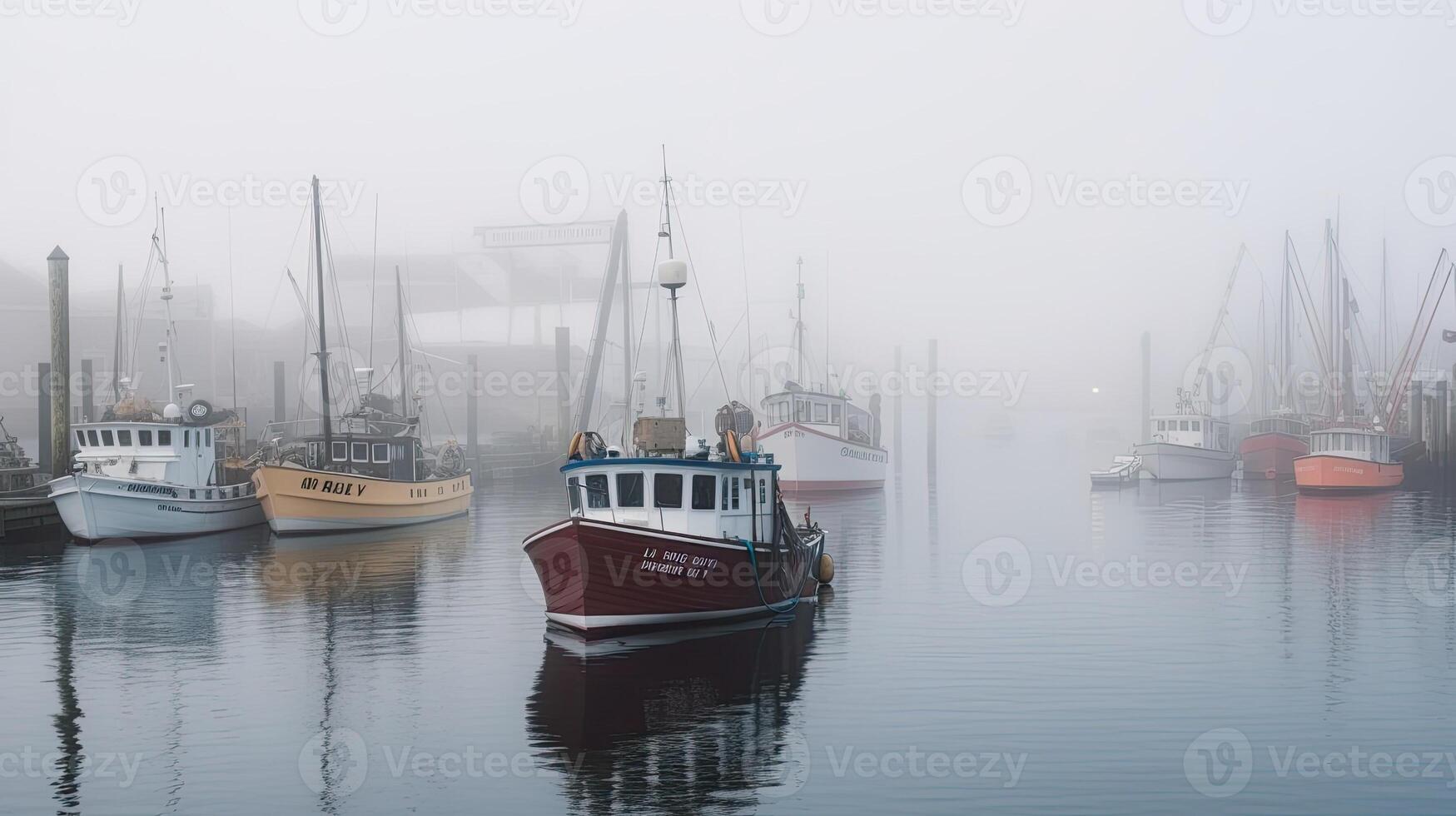 une brumeux port avec pêche bateaux. génératif ai photo