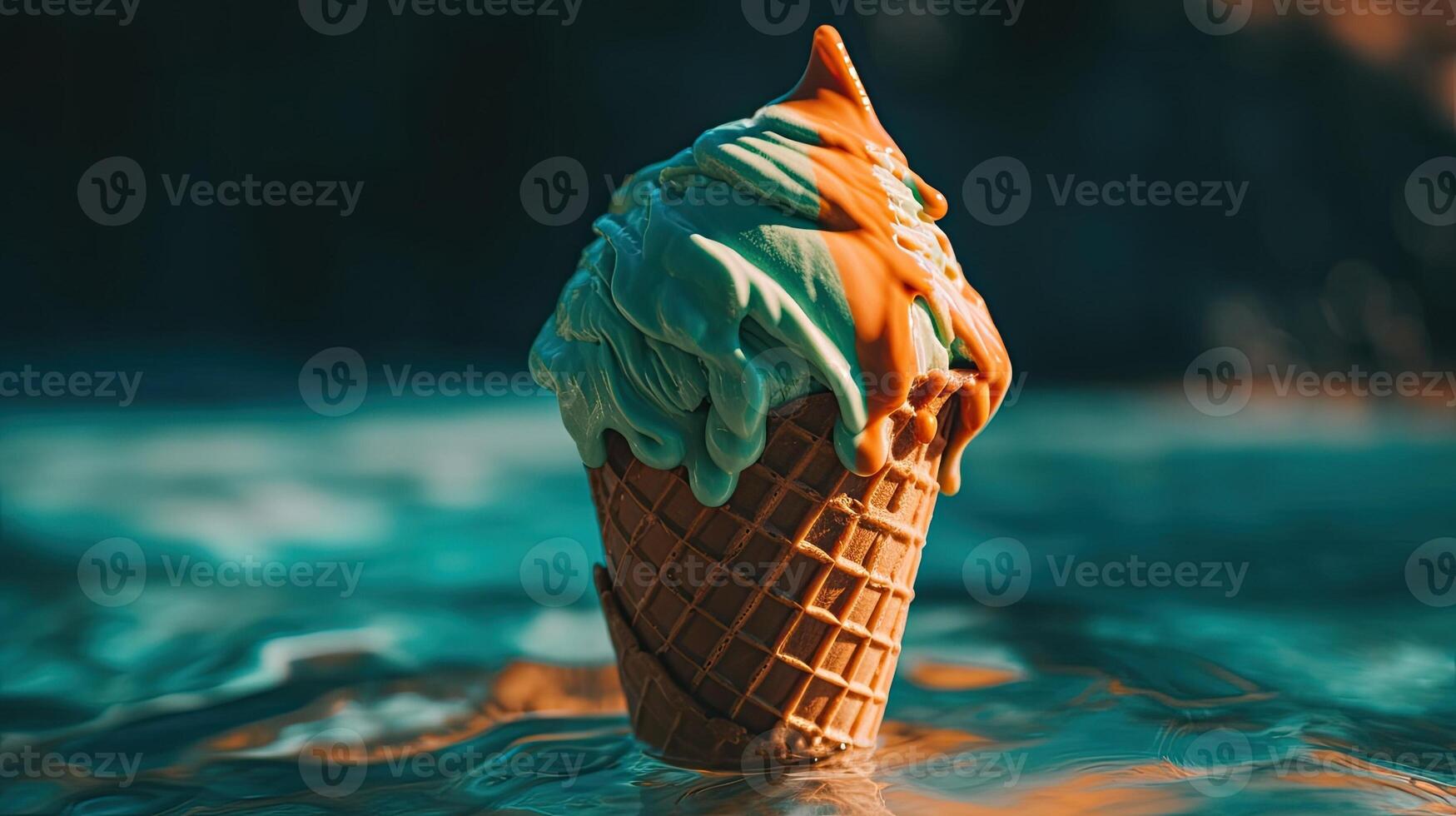 une coloré la glace crème cône fusion dans le Soleil. génératif ai photo