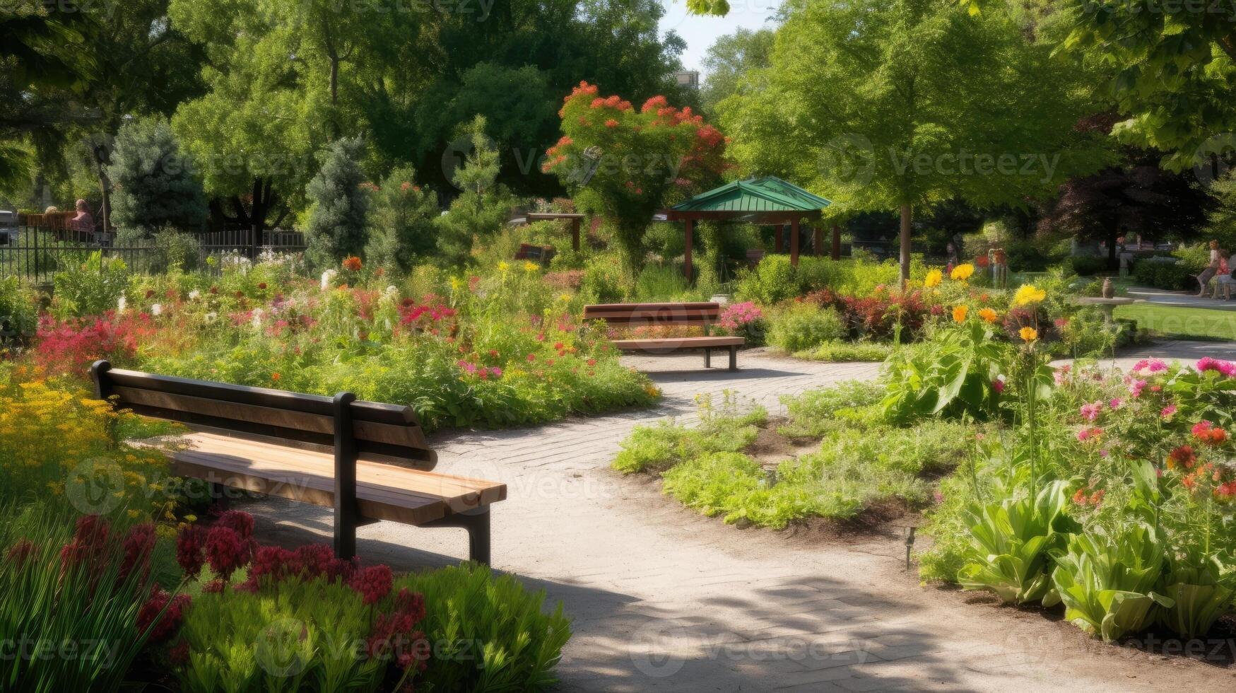 une jardin avec fleurs des arbres et bancs. génératif ai photo