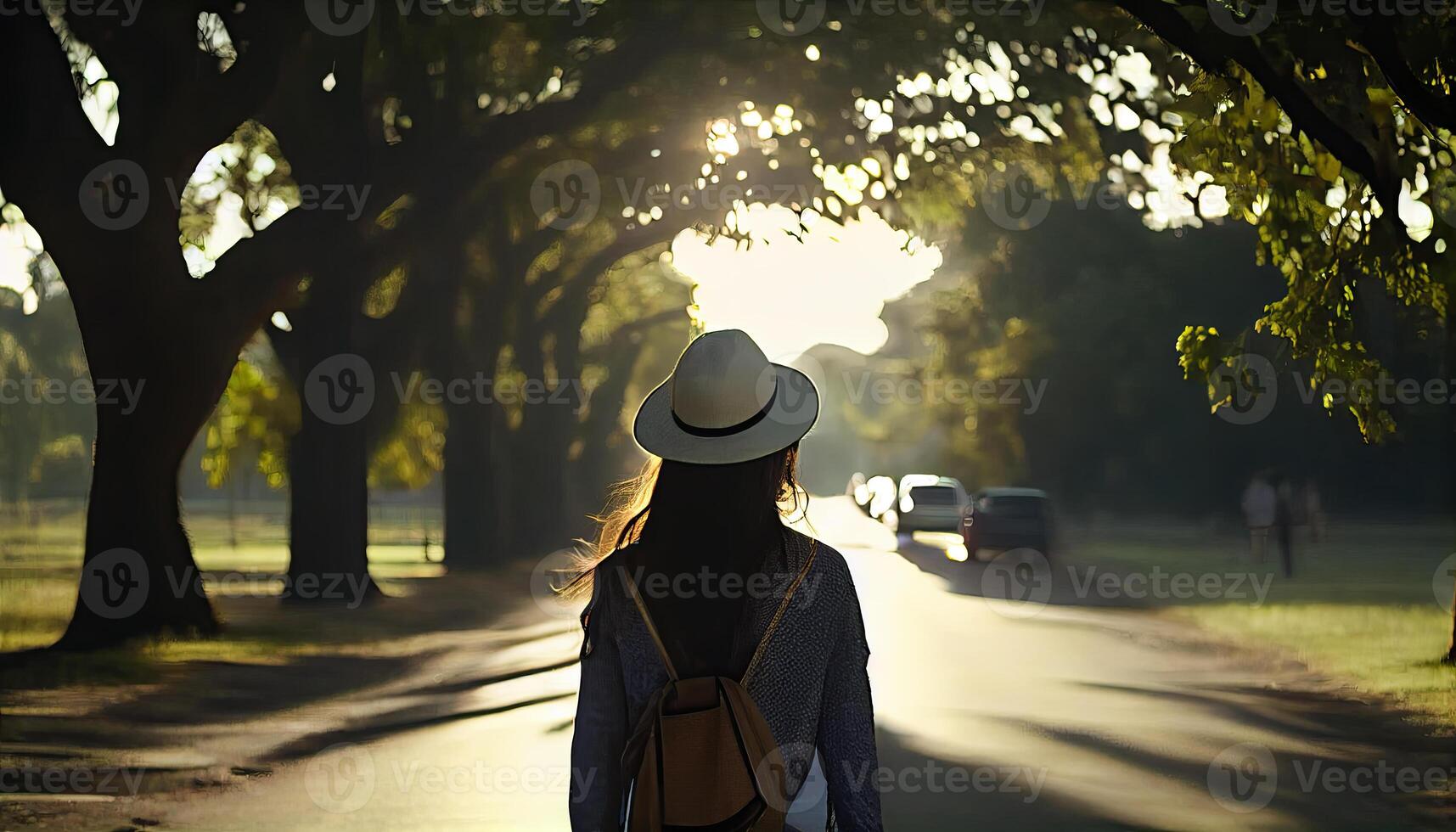 asiatique touristique fille avec une sac à dos des stands seul sur le route. voyage, voyage aventure, tourisme, liberté concept.. génératif ai photo