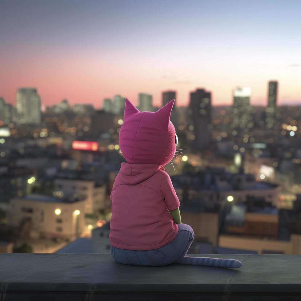 un anthropomorphe rose chat dans bojack cavalier animation style, reflétant sur la vie tandis que regarder plus de le horizon de buenos aires de une toit pendant crépuscule, générer ai photo