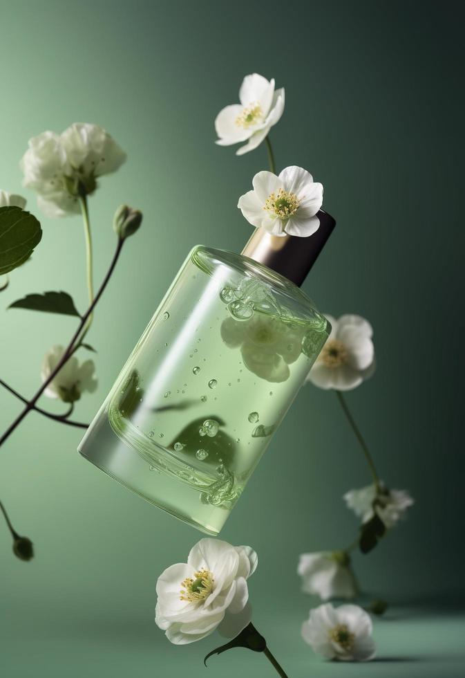 une petit bouteille avec fleurs est en volant autour, dans le style de minimal retouche, gong bi, doux Couleur mélange, lumière vert et blanc, en couches imagerie, générer ai photo