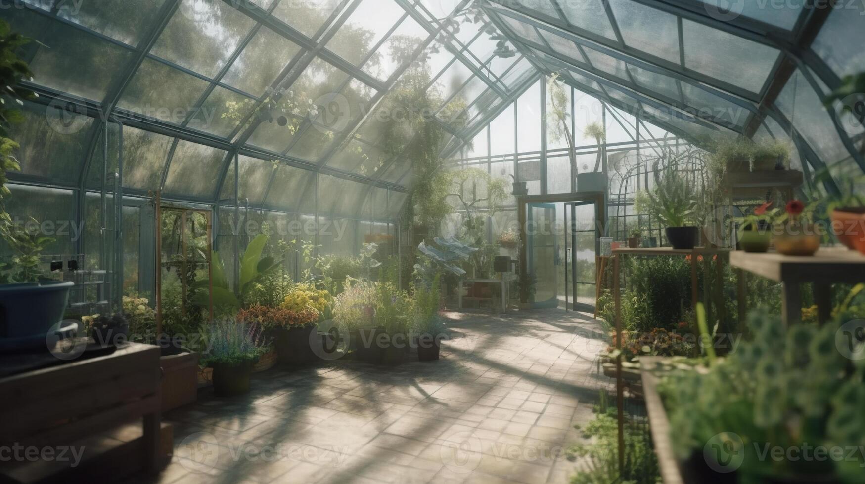 génératif ai, vert maison de le verre, verre de tente jardin avec une lot de les plantes. photoréaliste effet. photo