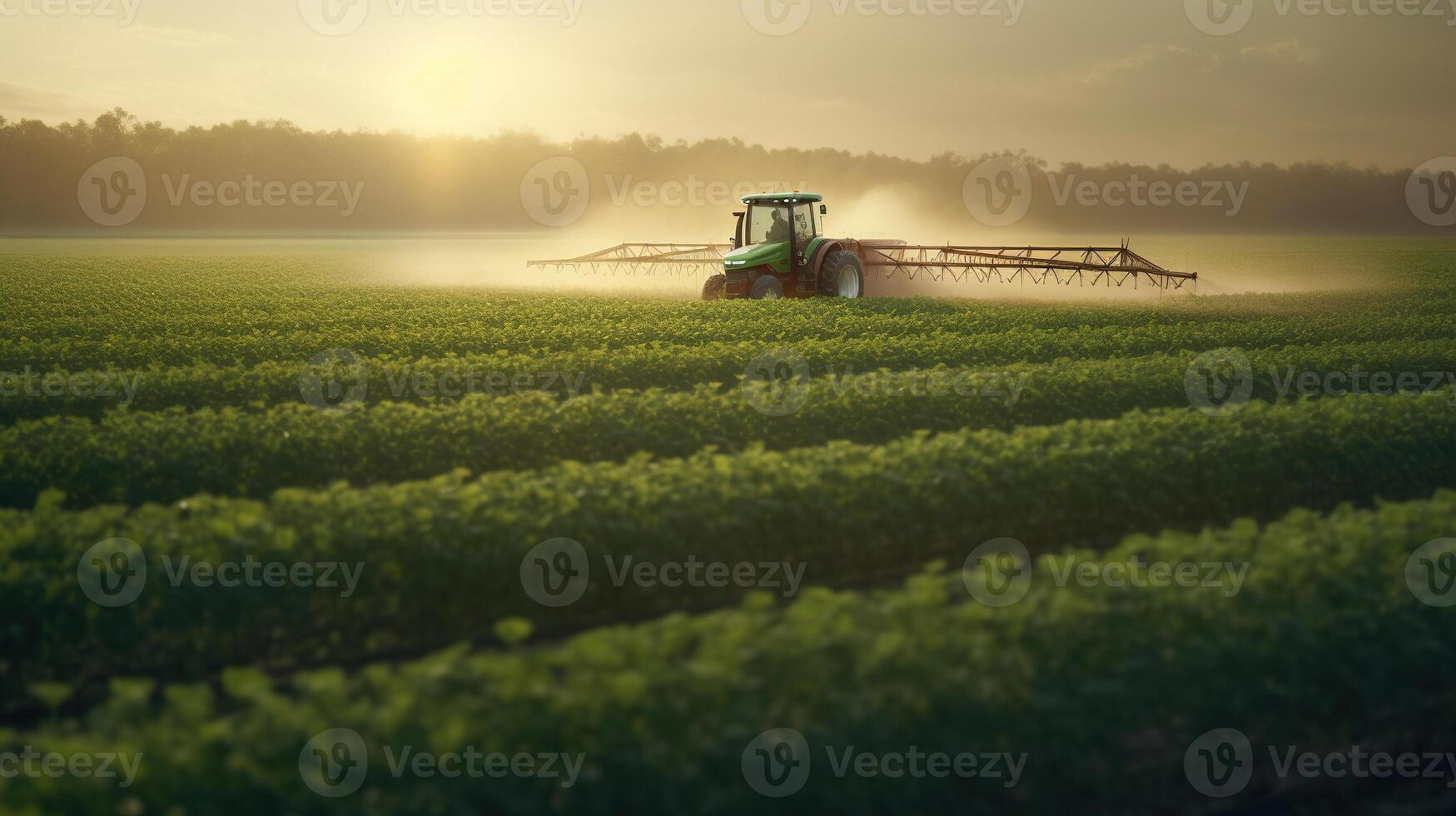 génératif ai, tracteur pulvérisation une champ, ferme paysage, agricole magnifique campagne, pays route. la nature illustration, photoréaliste Haut vue horizontal bannière. photo