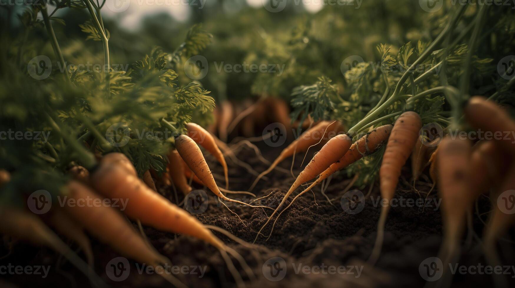 génératif ai, rangée de Frais carottes avec vert feuilles sur le sol, des légumes dans le jardin, une bien récolte de éco des produits. photo