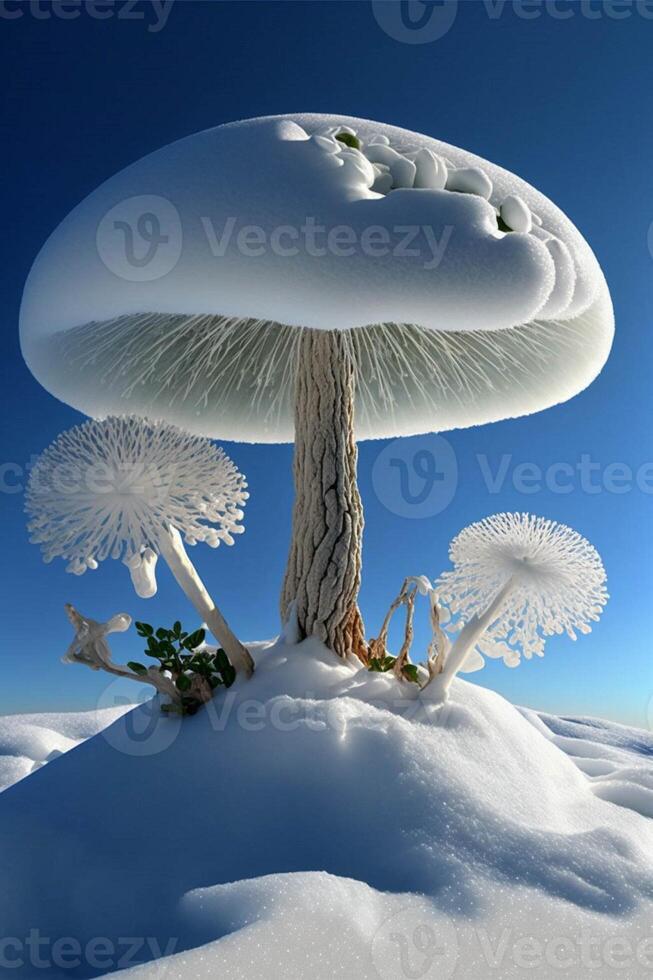 groupe de champignons séance sur Haut de une neige couvert colline. génératif ai. photo