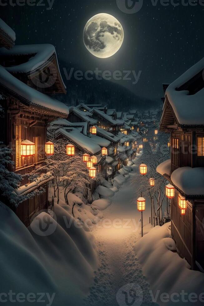 neigeux village à nuit avec une plein lune dans le ciel. génératif ai. photo