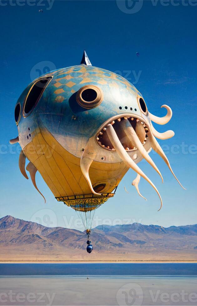 chaud air ballon dans le forme de une poisson. génératif ai. photo