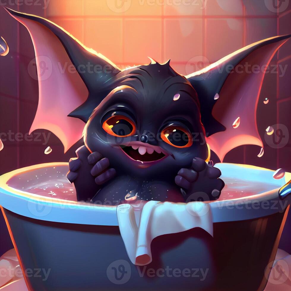 dessin animé chauve souris prise une une baignoire dans une baignoire. génératif ai. photo