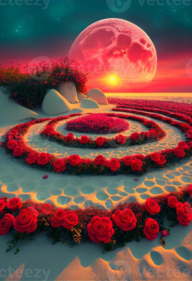 spirale de des roses avec une plein lune dans le Contexte. génératif ai. photo