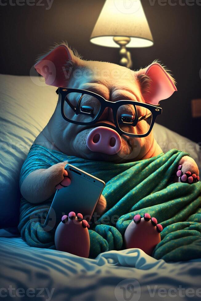 porc avec des lunettes en train de lire une livre sur une lit. génératif ai. photo