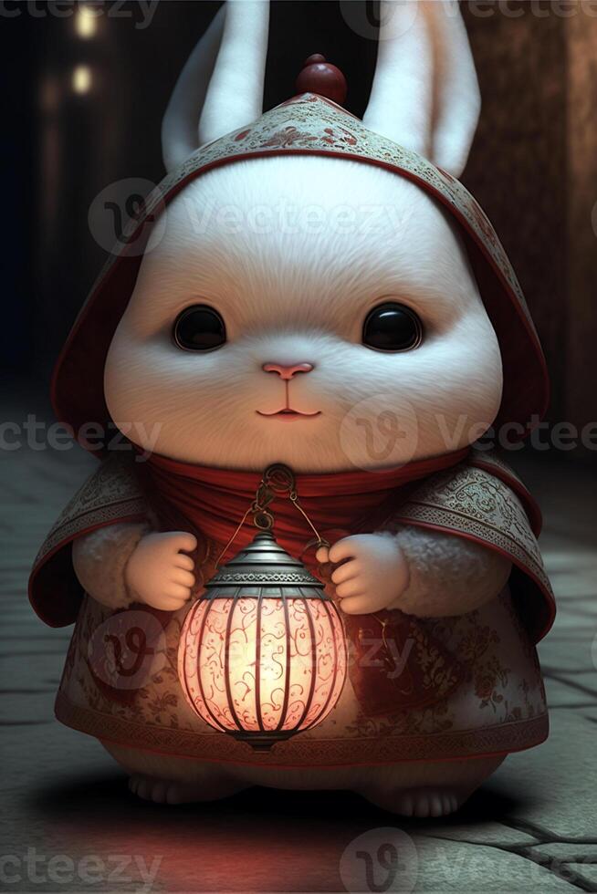 blanc lapin dans une rouge peignoir en portant une lanterne. génératif ai. photo