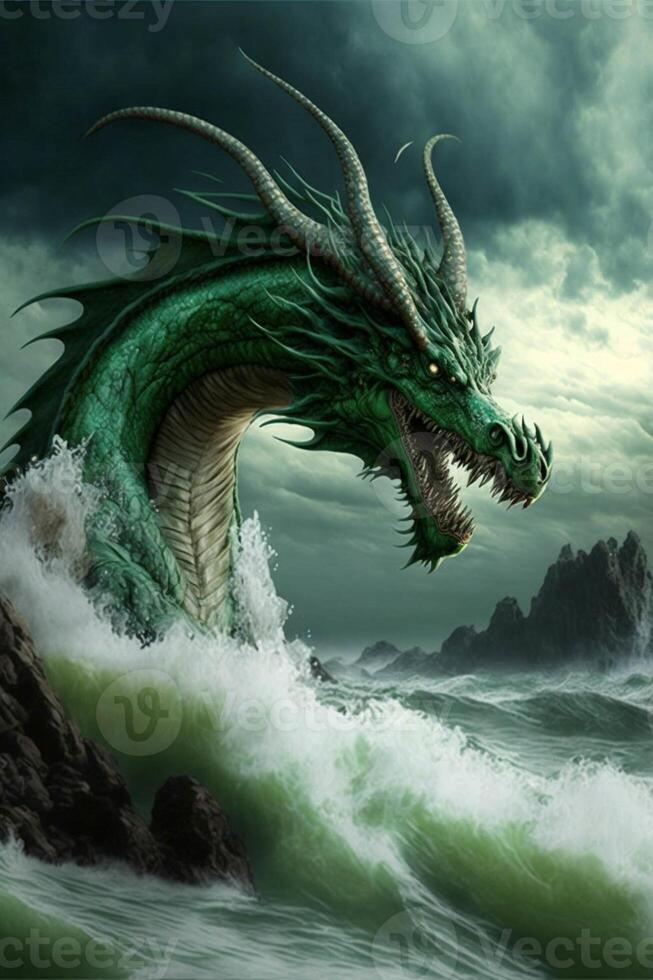 grand vert dragon permanent sur Haut de une vague. génératif ai. photo